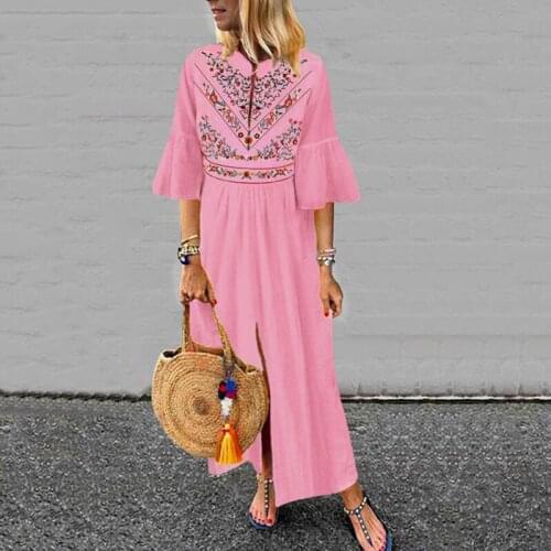 2019 New S-5XL Womens Boho Flared Sleeve Maxi Dress Ladies Casual Holiday Beach Plus Size Dress V Neck Black Pink White Dress