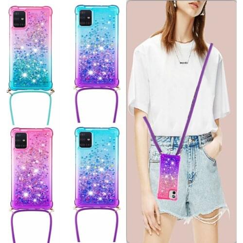 Strap Cord Chain Liquid Glitter Case For Samsung Galaxy A02S A02 S Necklace Slant Shoulder Lanyard Silicone Soft TPU Cover