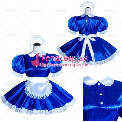 Fondcosplay adult sexy cross dressing sissy maid short French Lockable Blue Satin Dress Uniform Costume Tailor-made[G4001]