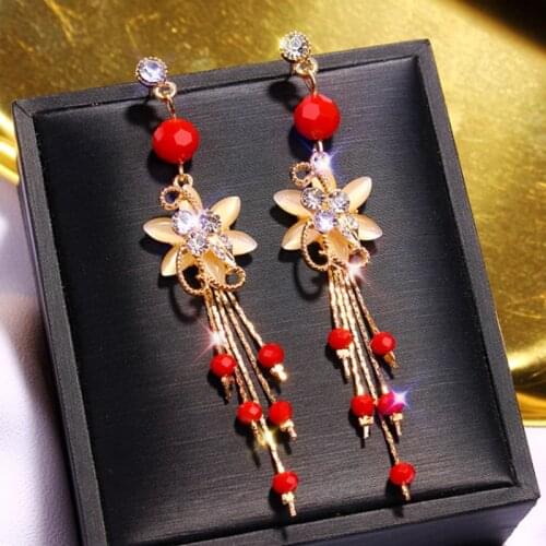 Chinese wind long tassel pendant Vintage Stud Earrings Elegant exquisite Prevent Allergy Womens Earrings Personality Trend