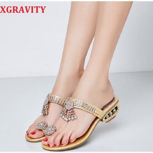 Xgravity Flip Flop Design Women Abnormal Heel Wedge Slippers Fashion Rhinestone Ladies Summer Shoes Leisure Lady Shoes B016