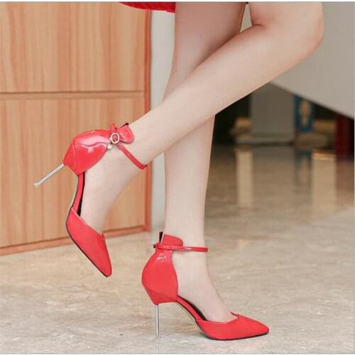 Crossdresser shoes zapatos mujer 10cm thin heels Pink women wedding Pumps Bridal Ankle Strap Patent Leather Stiletto sapato