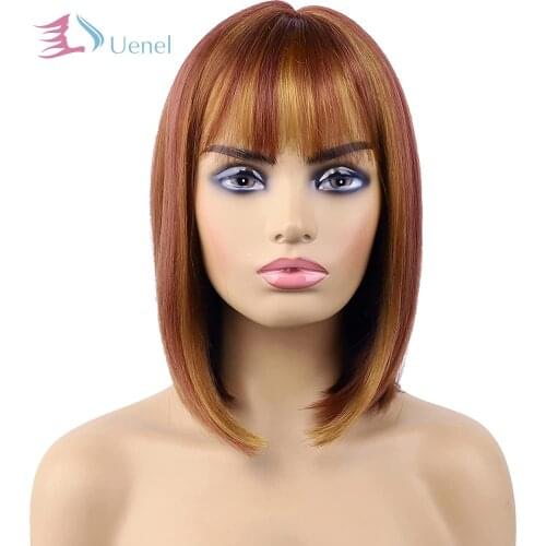 Uenel Wig with Bangs Short Bob Wigs for Women Synthetic Straight Hair Cuts Wig Copper Red Wig 12 Inch