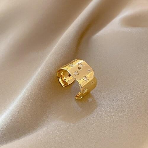 Minar Vintage Bling Bling CZ Cubic Zirconia Hollow Star Chunky Rings for Women Brass Gold Wide Adjustable Open Ring Accessories