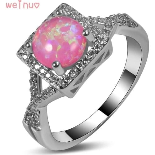 Weinuo Round Pink Opal Square White Crystal Ring 925 Sterling Silver Top Quality Jewelry Wedding Ring Size 5 6 7 8 9 10 11 A272