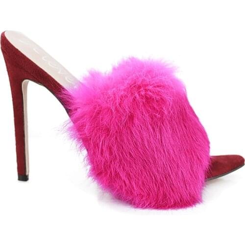 2019 European Station Sandals Candy Color Luxury Rabbit Fur High Heel Sandals Slippers Large Women Shoes Size 36-43