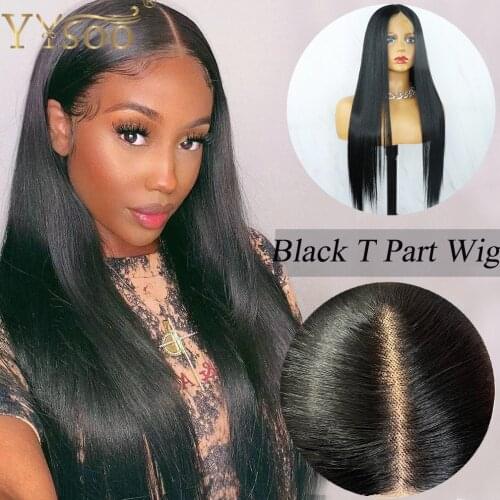 YYsoo Long #1 Color Futura Synthetic Hair T Part Wigs For Women Natural Straight Heat Resistant 13x2 Lace Front Dark Black Wig