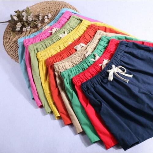 2021 Plus Size L-7XL Summer Casual Cotton Linen Women Short Solid Color Elastic Waist/Pocket Large Loose Short Trouser