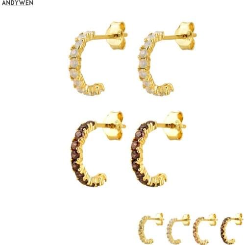 ANDYWEN 925 Sterling Silver Luxury Crystal Circle Gold Women Round Piercing Luxury Opals Huggies Fine Clips On Ear Jewelry