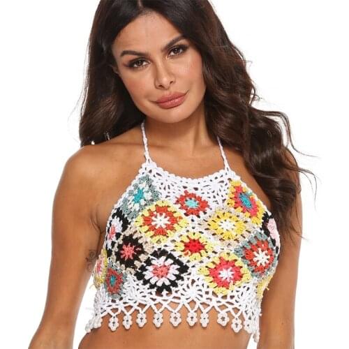 Y166 Womens Bohemian Crochet Halter Backless Crop Top Rainbow Rhombus Pattern Bikini Camisole Faux Pearl Beaded Tassel Hem Mini