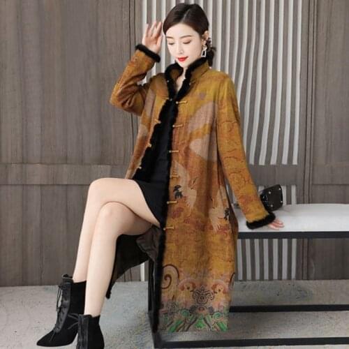 2020 Autumn Winter Women Print Chinese Style Cheongsam Long Coat Female Jacket Plus Size Thick Warm Cotton Coat Outerwear 11894