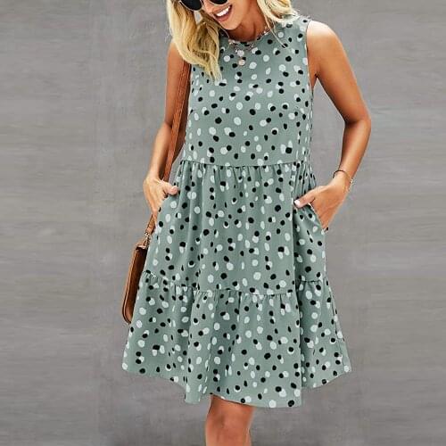 40# Polka Dot Dresses Women Summer Boho Pocket Sleeveless A Line Dress Swing Holiday Party Club Dress Women Summer Лонгслив