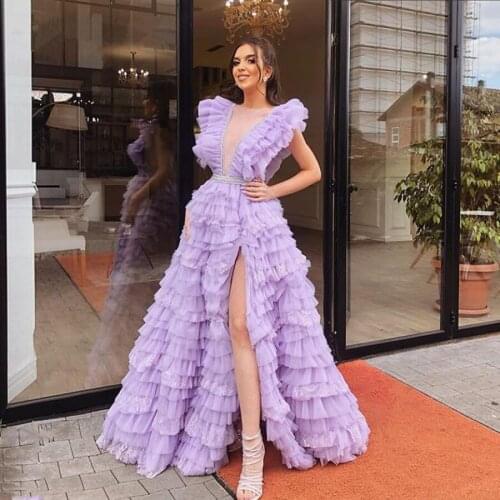 Lavender Evening Dresses A-line V-neck Tulle Tiered Slit Sexy Dubai Saudi Arabia Long Prom Dress Gown Robe De Soiree