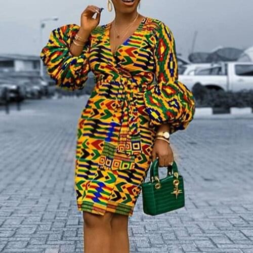 2021 Fashion African Dress Women Deep V-Neck Puff Sleeve Summer Retro High Waist Skirts Girl Elegant Sexy Evening Party Dresses