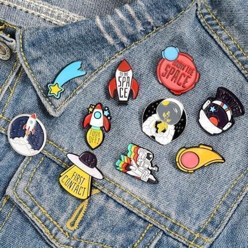 Cartoon To the Space Enamel Pins Astronaut Space Ship Rocket UFO Brooch Bag Shirt Button Badge Jewelry Gift for Kids Friends
