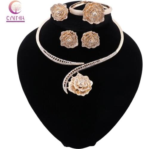 CYNTHIA Nigeria Charm Women Flower Necklace Bracelet Earrings Ring Trend Crystal Jewelry Set Party Fashion Jewelry Girl Gift