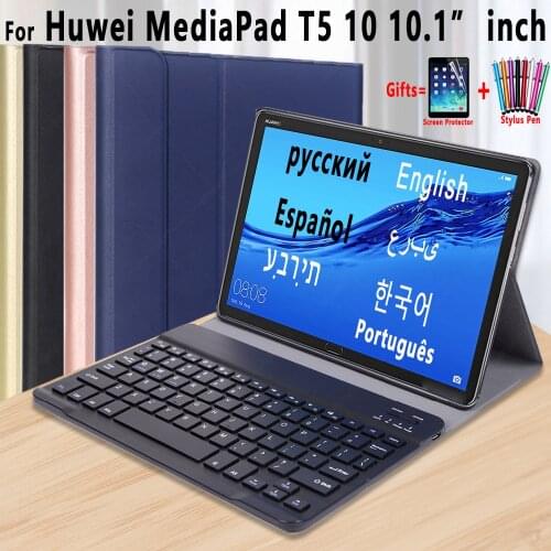 For Huawei MediaPad T5 10 Keyboard Case 10.1 inch AGS2-W09 Slim Bluetooth Russian Spanish Keyboard Leather Case Cover Funda