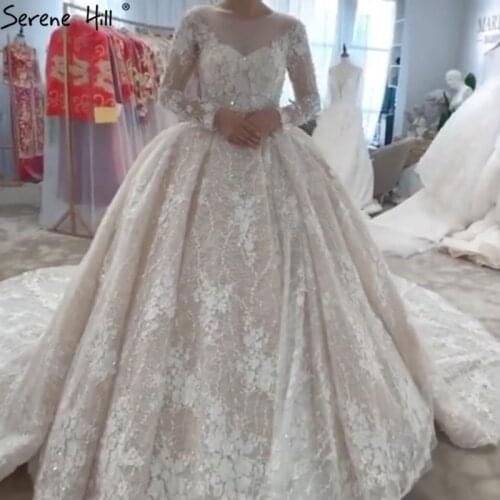 Dubai Ivory Long Sleeves Sparkle Wedding Dresses 2020 Handmade Flowers Pearls Luxury Bridal Gowns HA2382 Custom Made
