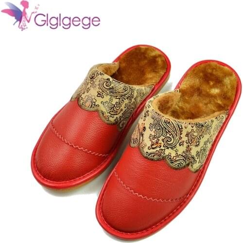 Glglgege 2019 Hot Selling WinterGenuine Leather Warm Slippers Plush Shoes Non-slip Home Indoor Slipper Women
