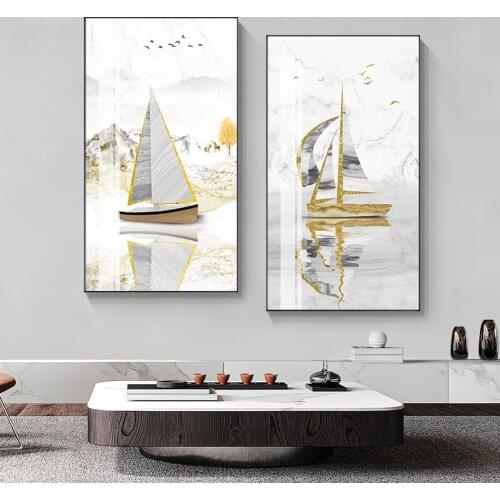 Chinese Style Canvas Painting Luxury Abstract Gold Boat Poster Print Landscpae Wall Pictures Living Room Decoration Wall Posters