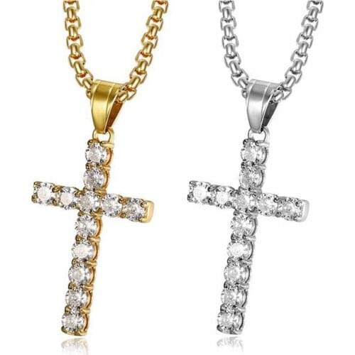 Cross Pendant Necklace Iced Out Cubic Zirconia Chain Gold/Silver Color Stainless Steel Jesus Cross Necklace Jewelry Dropshipping