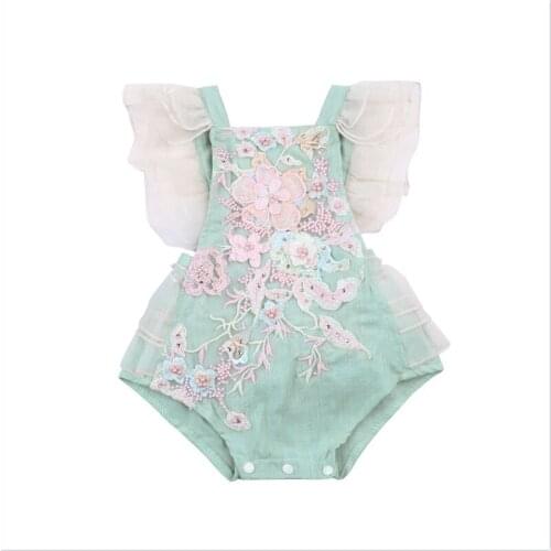 Wholesale Summer Toddler Baby Girls Light Blue Sleeveless Square Collar Floral Embroidery Pattern Bodystuits Romper One-Piece