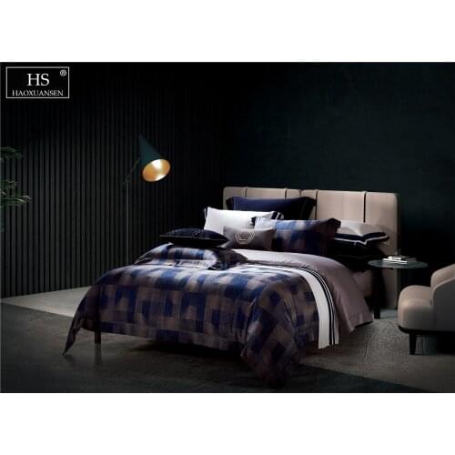 Gradient Color Block 4Pieces Yarn Dyed Jacquard Bedding Sets BedLinens King Size Duvet Cover Set Pillowcase Bedsheet Blue Fabric