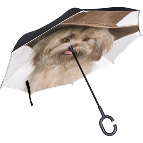 Cool Dog Double Layer Wind Proof UV Proof Folding Reverse Inverted Umbrella Travel Umbrella with C Shape Handle