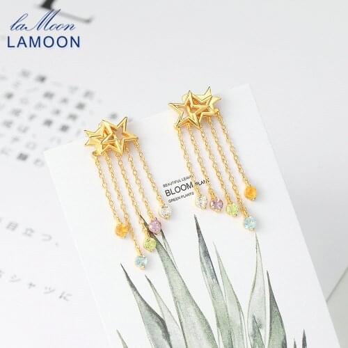 LAMOON 925 Sterling Silver Earrings For Women Star Tassel Shooting Star Natural Topaz Gemstone 14K Gold Plated Jewelry LMEI115