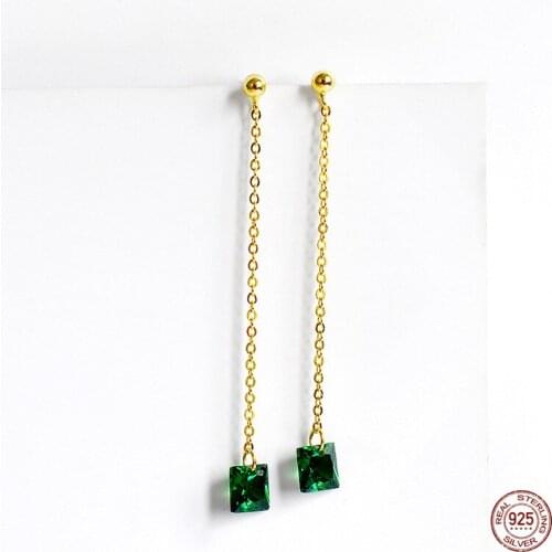LKO Luxury Cool Style Jewelry For Women 925 Sterling Silver Emerald Stone Tassels Stud Earrings Temperament Fashion Earrings