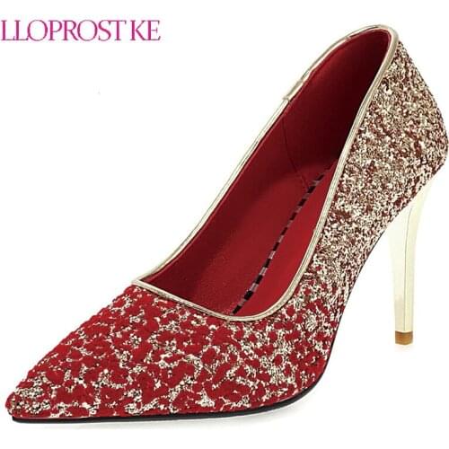 Lloprost ke 2021 Sequins Microfiber Thin High Heel Wedding Women Shoes Pointed Toe Party Fashion Female Stilettos Big Size 34-43