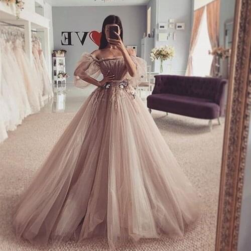 Lorie 2021 New Ruffles Sleeve Off the Shoulder Tulle Prom Dresses A-line Formal Evening Party Gown Back Lacing Plus Size