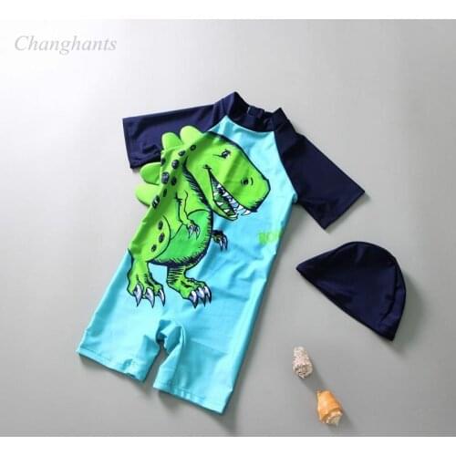 Kid Surfing Wear Light Blue Patchwork 1-6 Y Children Short Sleeve Rash Guard Kids 1 Piece Swimwear Baby Swimmsuit with Swim Cap