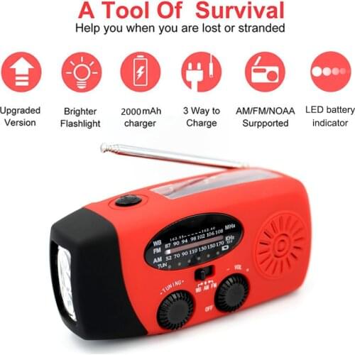 2000mAh Multifunctional Portable Radio Hand Crank Solar USB Charging FM AM WB NOAA Weather Radio Emergency LED Flashlight Torch