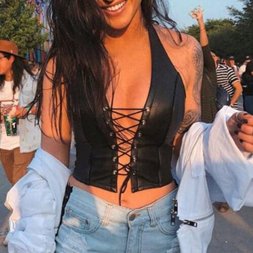 Fashion Punk Black Leather Hollwo Crop Tops Womens Camisole 2020 Summer Fashion Stretch Tees Slim Soft Leather Tank Tops