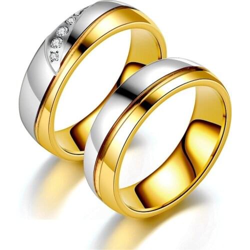 Unisex Men Women Stainless Steel Ring Gold Silver Color Rhinestone Cubic Zirconia Couple Lover Ring Gift