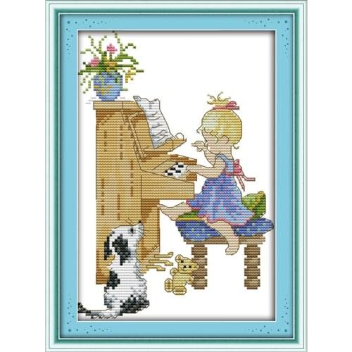 The little girl playing the piano cross stitch kit print canvas hand sew cross-stitching embroidery DIY handmade needlework