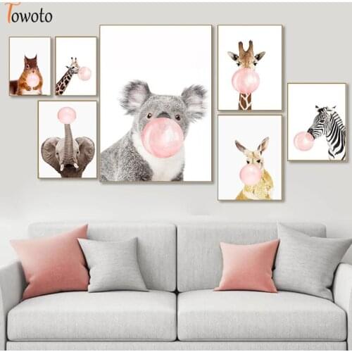 Pink Bubble Gum Animal Canvas Painting Nursery Baby Room Wall Art Picture for Infant Kid Bedroom Zebra Giraffe Koala Elephant
