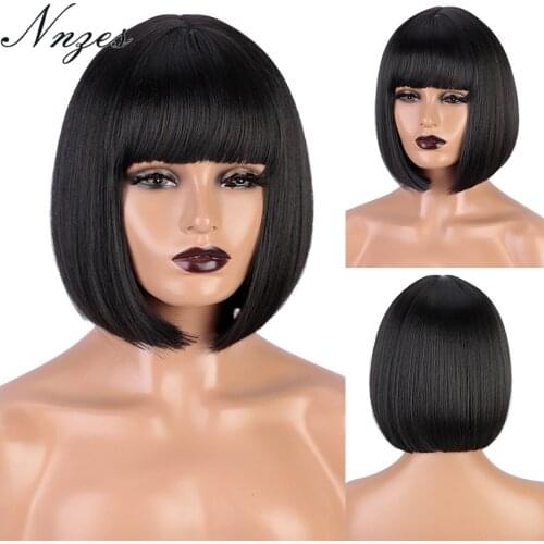 NNZES Short Black Bob Wigs Synthetic Straight Wigs with Bangs for Black White Women Natural Looking Daily Use Hairs