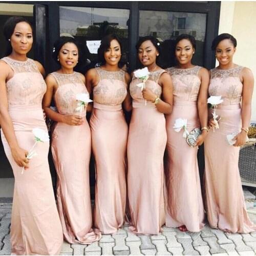 Peach Cheap Bridesmaid Dresses Under 50 Mermaid High Collar Floor Length Lace Long Wedding Party Dresses