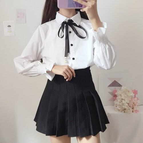 Bowknot lantern sleeve kawaii girl daily victorian shirt gothic lolita top cos loli top Preppy style white sweet lolita shirt