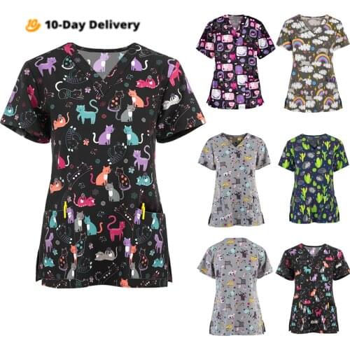 Working Uniform Blouse Tops Cute Cartoon Print T Shirt Casual Sleeve Knitted Scrubs Nurse V-neck Pocket Women Nursing Clothes