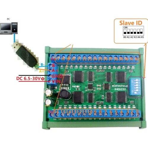 DC 6.5-30V 32ch DIN35 C45 Rail Box RS485 Modbus RTU Controller 300MA Driver Module for PLC Relay Switch LED Motor