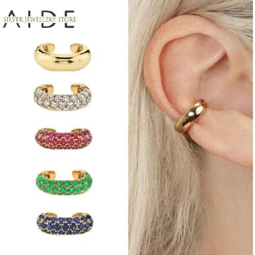 AIDE Luxurious Glossy/Zircon Pave Ear Cuff Geometric INS C Shape Non Pierced Clip on Earrings Silver 925 Jewelry Gift kolczyki