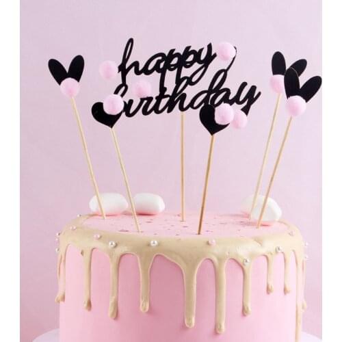 Pink Plush Happy Birthday Cake Topper Black New Heart Love Wedding Cupcake Topper For Valentine Birthday Party Cake Decorations