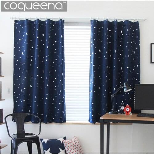 Modern Star Pattern Blackout Curtains for Living Room Bedroom Kichen Short Window Curtains Panel Drapes Cream & Navy Blue, 1 PCS