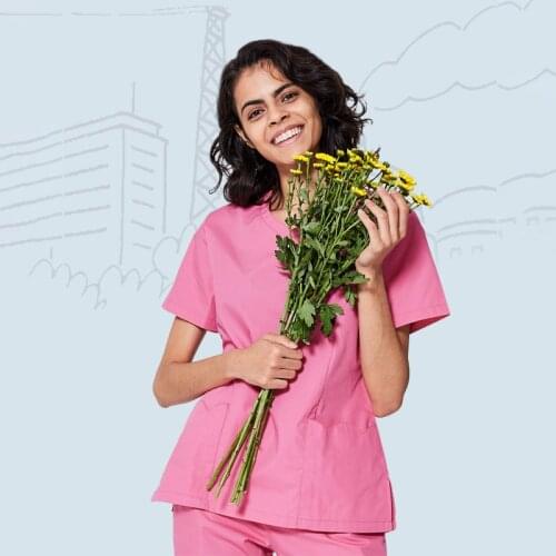 Women Fashion Scrubs Uniform V-Neck Short Sleeves Shirt with Large Pockets Beauty and Health Workwear SPA Nursing Uniform
