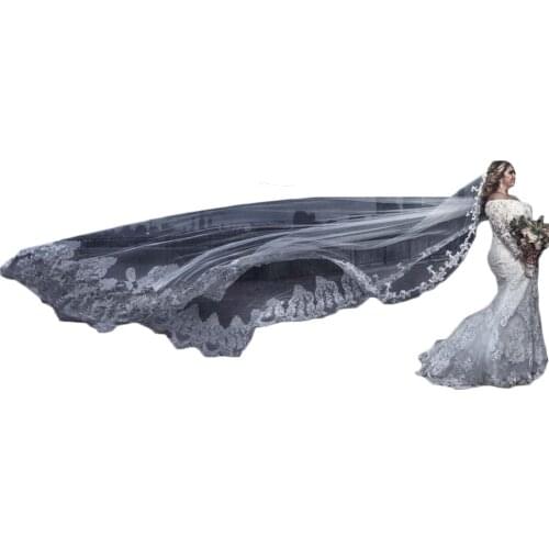 Gorgeous Cathedral Church Bridal Veils Lace Appliques Wedding Accessories With Hair Combs Custom Made Long Veils