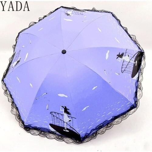 YADA Cartoon Seaside Girl&Seagull Umbrella Rainy Lace Umbrella For Women Men UV Folding Windproof Umbrellas Parasol Gift YD186