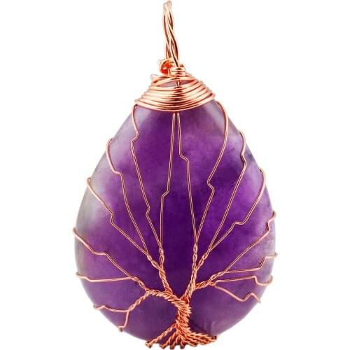 SUNYIK Purple Crystal Teardrop Gem stone Copper Wire Wrapped Tree of Life Pendant,Healing Jewelry